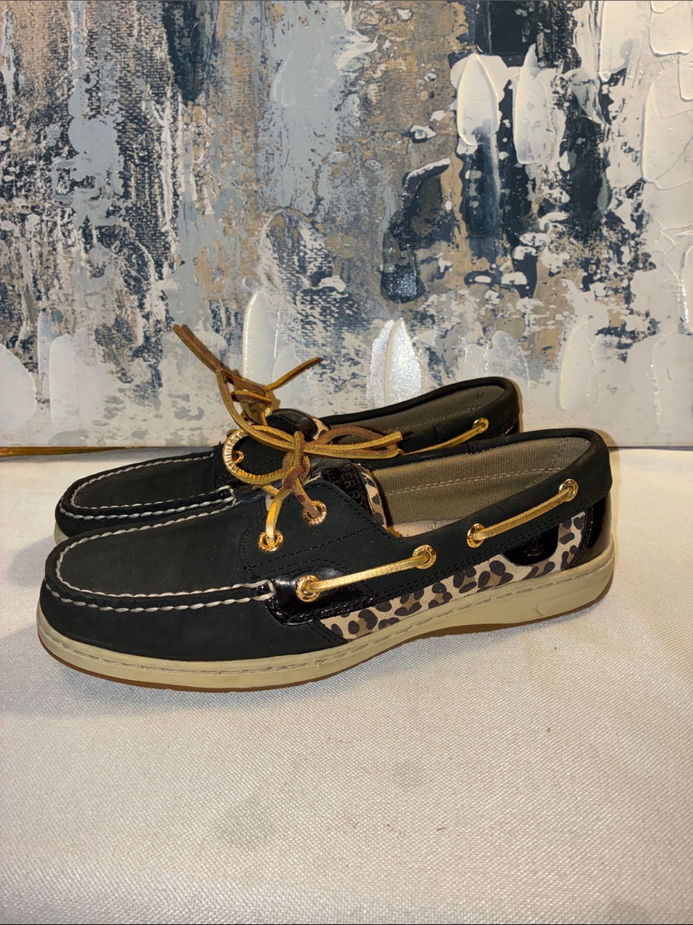 Genuine Sperry Black Leather Boat Shoes with Leopard Accent -  Women’s Size 7.5